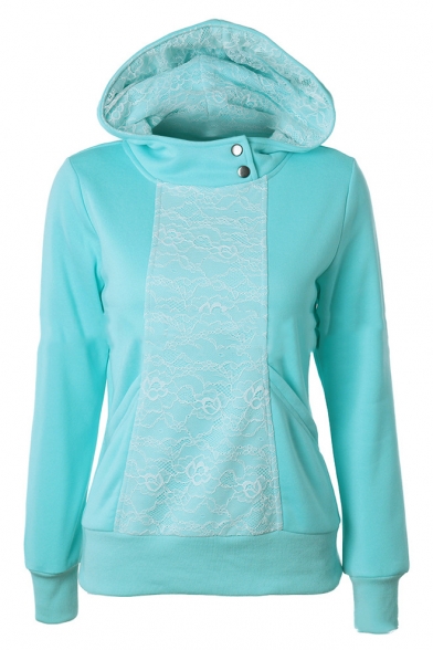 Womens Trendy Lace Panel Long Sleeve Fitted Pullover Hoodie