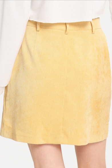 Yellow Button Down Pocket Embellished High Waist Mini A-Line Skirt for Women