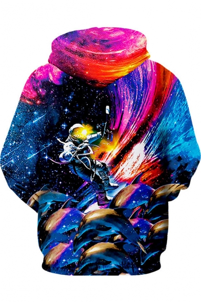 Blue Universe Galaxy Astronaut Print Long Sleeve Pullover Hoodie