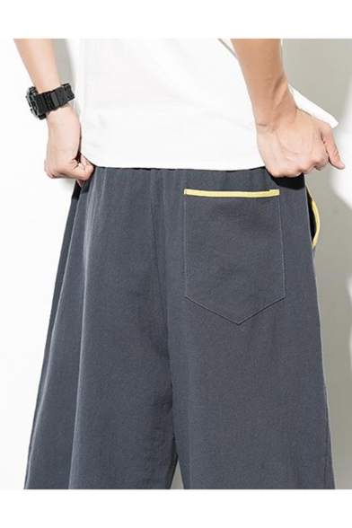 Chinese Style Solid Color Contrast Trim Drawstring Waist Cotton and Liner Casual Wide Leg Pants