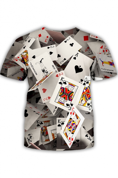 Cool Funny 3D Poker Card Printed Round Neck Short Sleeve White T-Shirt