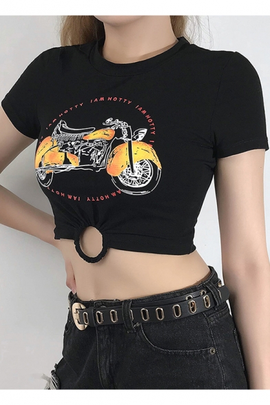 Cool Motorbike Printed Round Neck Short Sleeve Black Cropped Tee