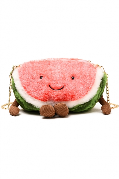 Cute Cartoon Watermelon Shape Red and Green Plush Crossbody Bag with Chain Strap 26*15*11 CM