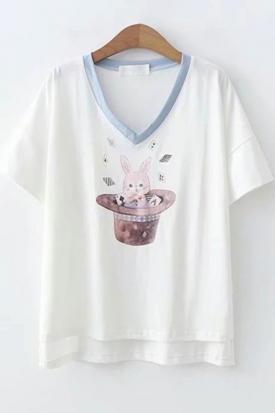 Cute Hat Rabbit Pattern Basic Round Neck Short Sleeve T-Shirt