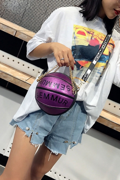 Designer Creative Basketball Shape Letter Printed Round Crossbody Bag with Chain Handle 17*15*17 CM