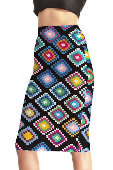Ethnic Style Tribal Floral Geometric Print Midi Bodycon Pencil Skirt in Black