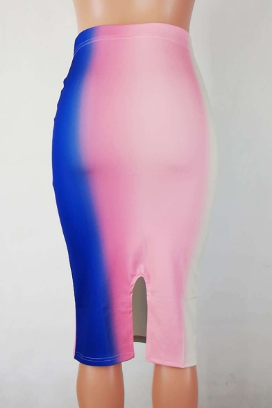 Fancy Rainbow Ombre Color Womens Sexy Split Back Midi Bodycon Skirt
