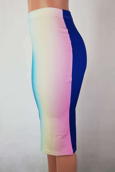 Fancy Rainbow Ombre Color Womens Sexy Split Back Midi Bodycon Skirt