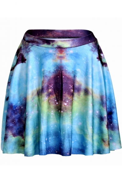 Fancy Turquoise Galaxy Printed High Rise Mini Pleated Skater Skirt