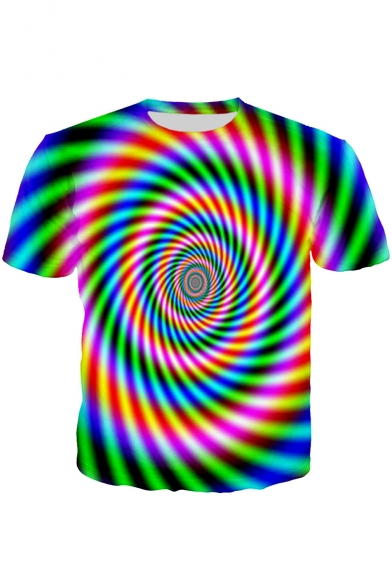 Fashion 3D Colorful Whirlpool Stripe Print Basic Short Sleeve T-Shirt