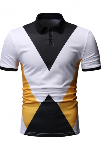 Fashion Color Block Three-Button Front Short Sleeve Slim Polo for Men