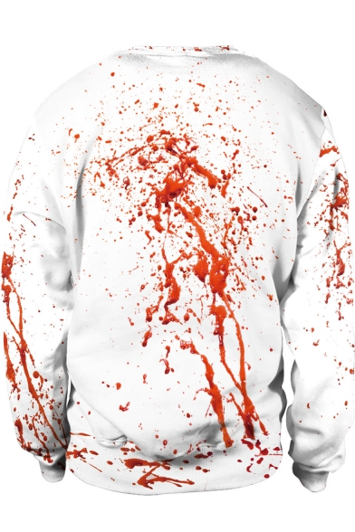 Fashion Halloween Blood Teddy Bear Printed Crewneck Long Sleeve White Sweatshirt