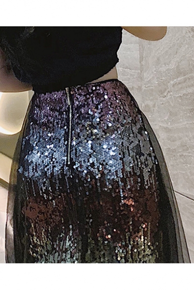 Fashion High Waist Sheer Mesh Sequin Embellished A-Line Midi Skirt