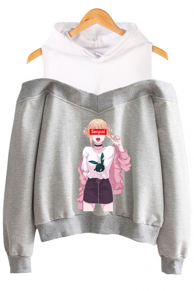 Fashion Senpai Comic Anime Girl Printed Cold Shoulder Long Sleeve Loose Pullover Hoodie