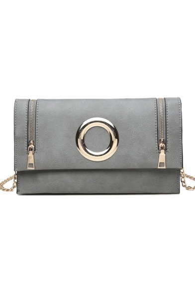 Fashion Solid Color Double Zipper Metal Ring Embellishment Crossbody Purse Envelope Bag 26*2*15 CM