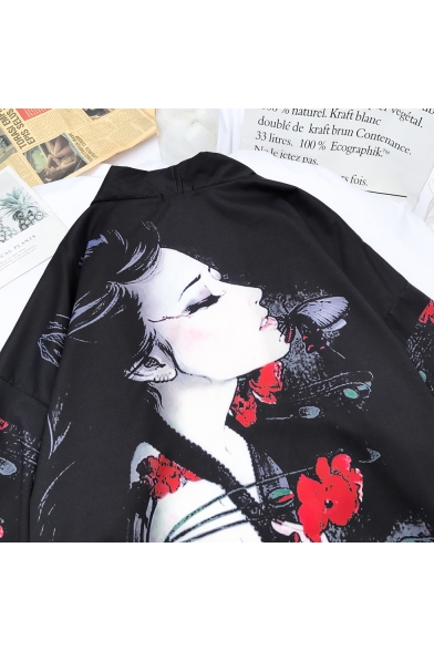Fashion Trendy Black Floral Figure Print Casual Loose Kimono Blouse