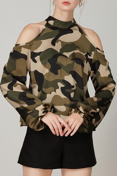 Fashion Womens Cool Street Style Cold Shoulder Halter Neck Cutout Elastic Cuff Long Sleeve Camo Blouse