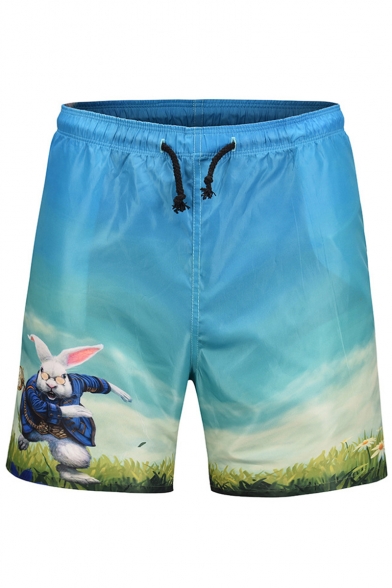 Funny 3D Cartoon Rabbit Pattern Casual Drawstring Waist Blue Beach Shorts Swim Trunks for Guys
