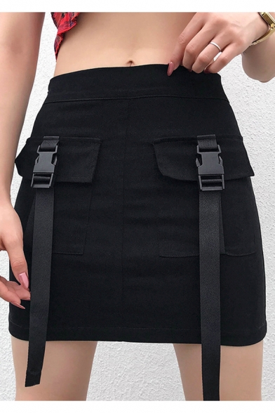 Girls Cool Street Style Buckled Flap Pocket Front Mini Black Military Skirt