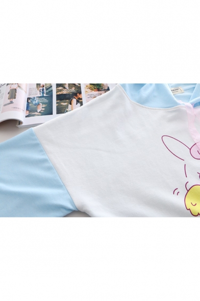Girls Cute Cartoon Rabbit Printed Color Block Short Sleeve Hooded T-Shirt