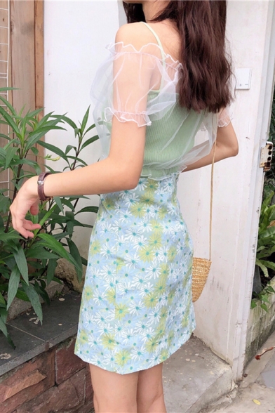 Girls Summer Fancy Green Floral Printed Mini A-Line Skirt