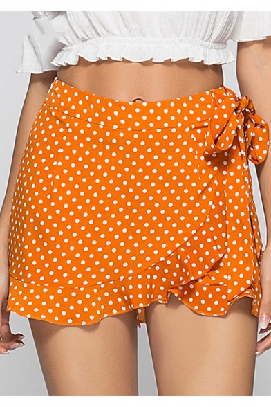 Girls Summer Fashion Yellow Polka Dot Printed Tied Waist Ruffled Beach Skorts