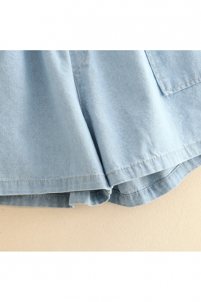 Girls Summer Simple Solid Color Elastic Waist Flap Pocket Side Loose Casual Denim Shorts