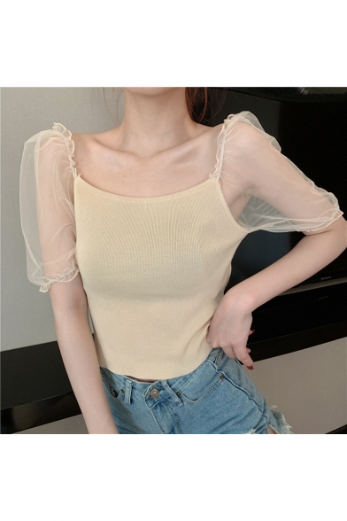 Girls Summer Trendy Plain Sheer Mesh Puff Sleeve Fitted Knit T-Shirt