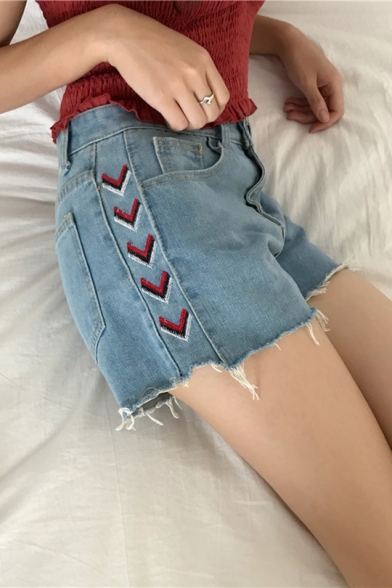 Girls Summer Unique Simple Embroidery Side Raw Hem High Rise Light Blue Denim Shorts