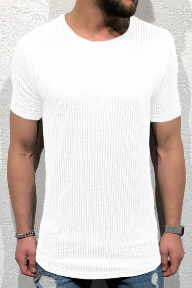Guys Simple Plain Round Neck Short Sleeve Training Stretch Fit Cotton Hipster T-Shirt