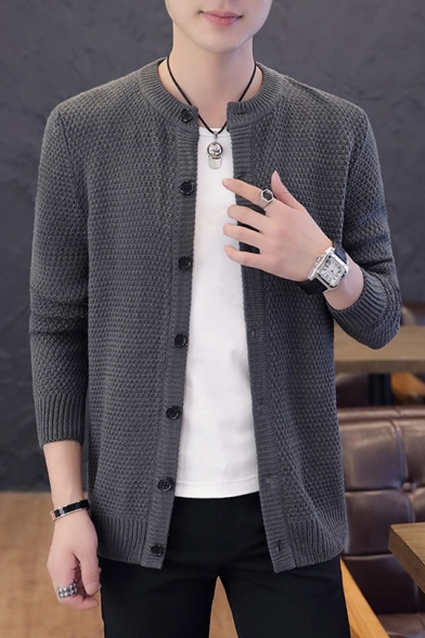 Guys Simple Solid Color Collarless Long Sleeve Button Down Fitted Knitwear Cardigan