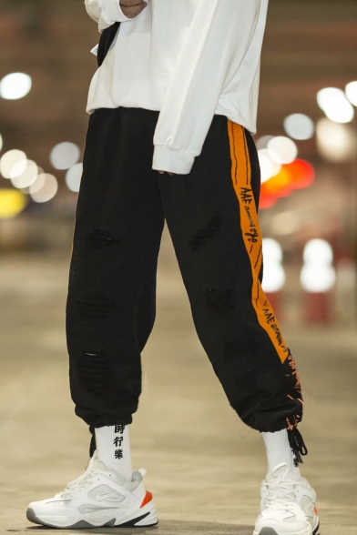 Guys Trendy Colorblock Letter Printed Drawstring Cuffs Loose Fit Black Casual Track Pants