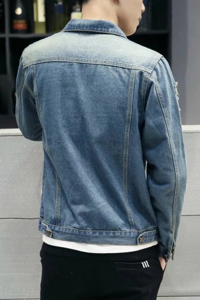 Guys Vintage Distressed Ripped Long Sleeve Button Front Fitted Blue Denim Jacket