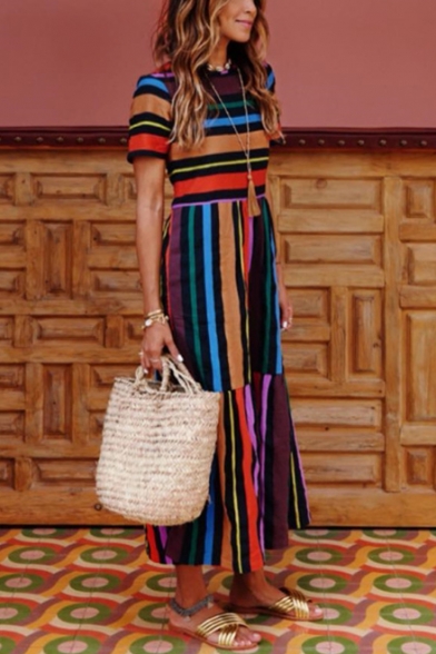 Hot Fashion Rainbow Striped Printed Round Neck Short Sleeve Maxi A-Line Dress