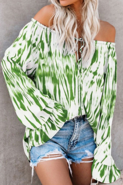 Hot Fashion Womens Bell Sleeve Off Shoulder Tie Dye Oversize Blouse