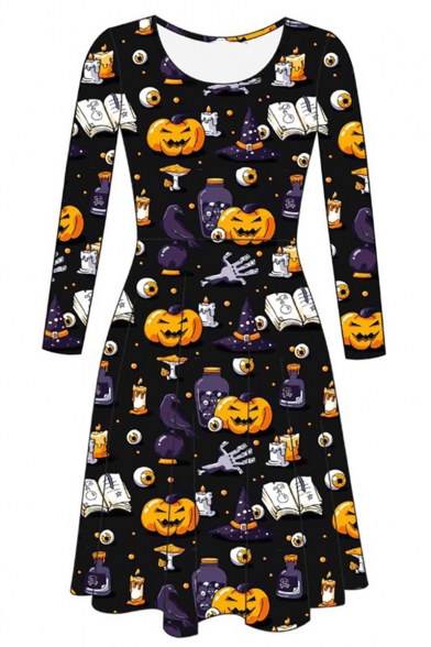 Fashion Halloween Pumpkin Ghost Print Round Neck Long Sleeve Mini A-Line Dress