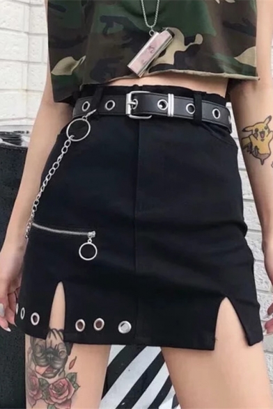 Hot Stylish Cool Womens Black High Waist Chain Eyelet Embellished Split A-Line Mini Skirt