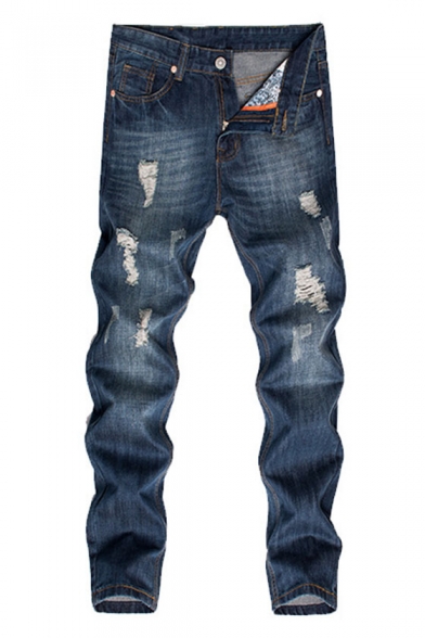 Men's Classic Fashion Denim Washed Regular Fit Casual Ripped Jeans