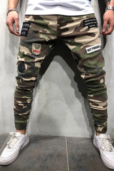 Men's Cool Fashion Camouflage Print Letter Badge Patchwork Army Green Denim Pencil Pants