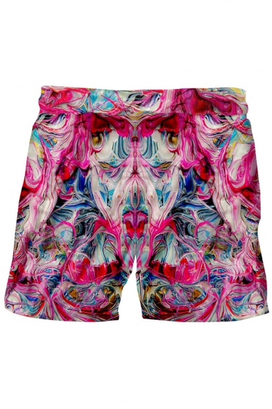 Men's Creative Fashion Abstract Printed Drawstring Waist Pink Polyester Relaxed Sports Sweat Shorts