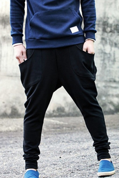 Men's Fashion Simple Plain Button Embellished Black Baggy Low Crotch Harem Pants with Side Pockets