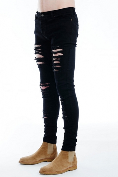 Men's Fashion Simple Plain Distressed Skinny Ripped Jeans
