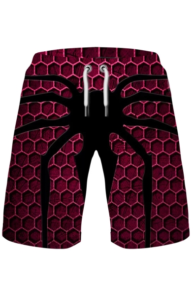 Men's Hot Fashion Popular 3D Spider Printed Red Drawstring Waist Casual Shorts