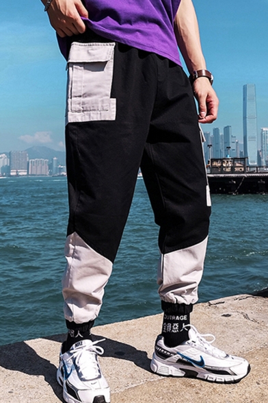 Men's New Fashion Colorblock Letter Printed Elastic Cuffs Hip Pop Casual Cargo Pants