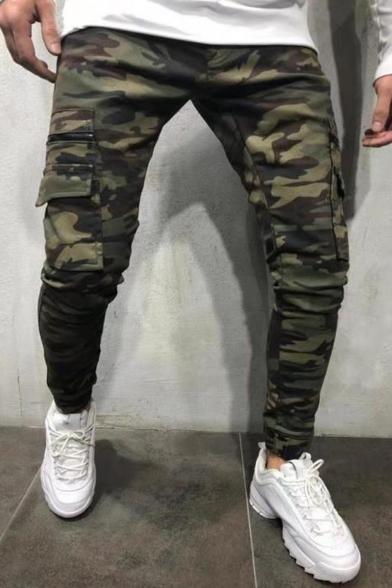 Men's New Fashion Popular Camouflage Printed Flap Pocket Side Army Green Skinny Jeans