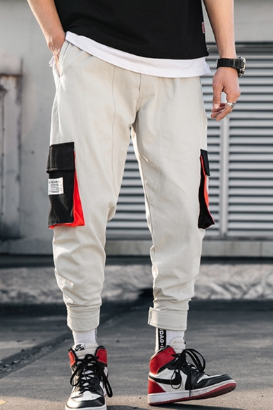 Men's New Stylish Letter Label Patched Colorblocked Flap Pocket Side Street Style Casual Cargo Pants