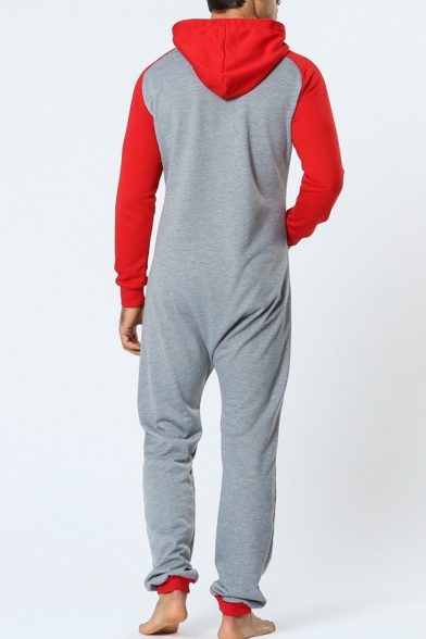 Men's New Stylish Long Sleeve Hooded Zip Up One Piece Grey and Red Sleepwear Lounge Jumpsuits