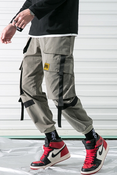 Men's New Stylish Plain Ribbon Embellished Multi-pocket Casual Trendy Cargo Pants