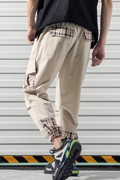 Men's Plaid Pattern Drawstring Waist Elastic Cuffs Men's Slim Fit Casual Cargo Pants