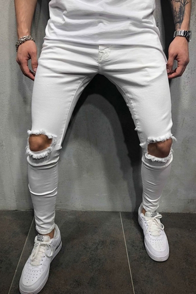 Men's Popular Fashion Knee Cut Simple Plain Casual Frayed Pencil Pants